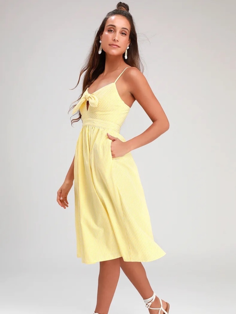 Lulus - NWOT - Joyful Days Yellow Striped Knotted Front - Midi Dress - Small